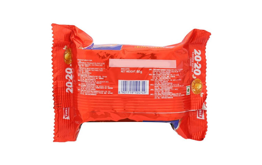 Parle 20-20 Cashew Butter Cookies   Pack  80 grams